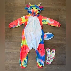 Colorful Tie-Dye adult Axolotl onesie with matching socks